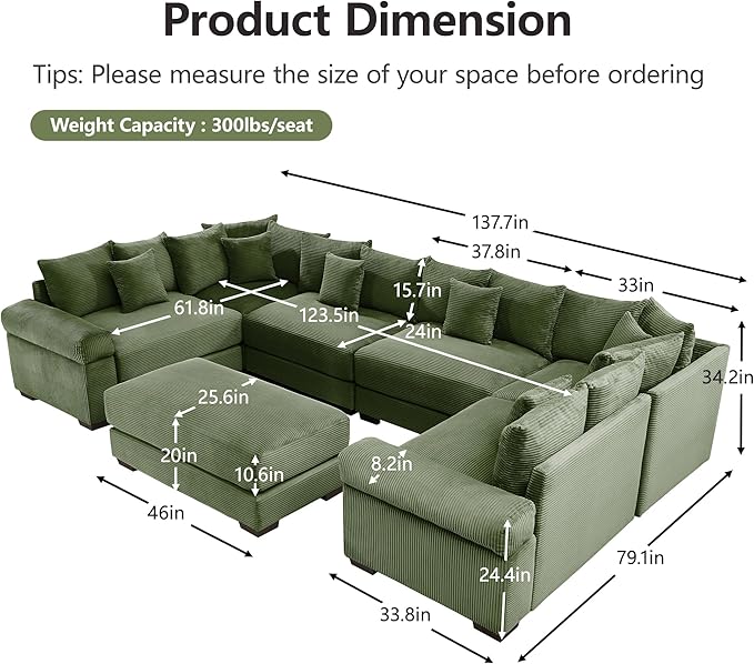 KEIKI 138" U-Shaped Oversized Corduroy Modular Cloud Sectional Sofa with 1 Ottoman, High-Density Foam Cushion, Extra-Thick Armrest, 6-Seater Fluffy Corner Couch with 20 Pillow, for Living Room, Green