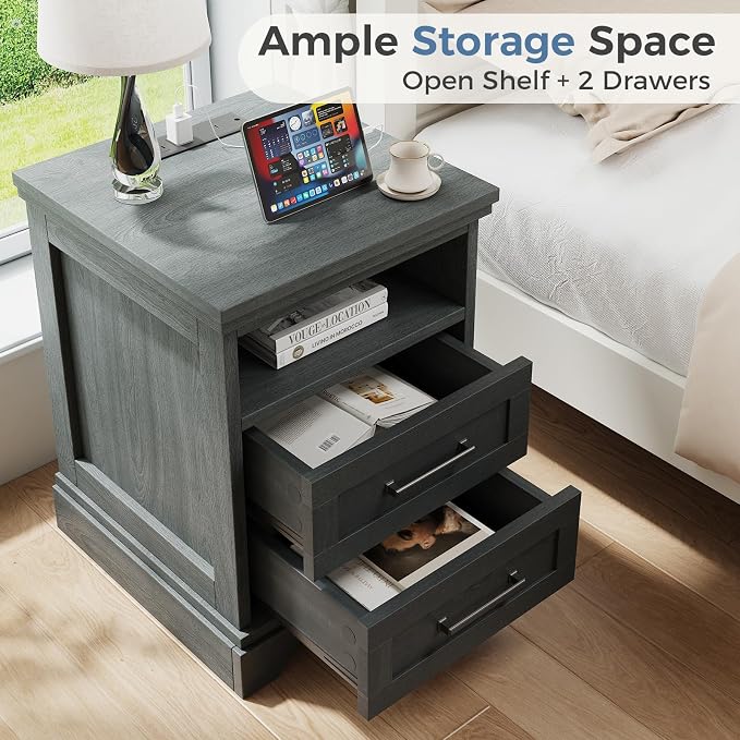 DUMOS Nightstand with Charging Station, Wood Farmhouse Bedside Table with 2 Drawers and Open Shelf, Wood End Table, Modern Side Table for Bedroom, Black - Image 5