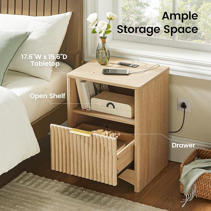 Amada Fluted Nightstand with Charging Station, Set of 2, Bedside Table with USB Ports & AC Outlets, Deep Drawer and Cable Management, Modern Side Table for Bedroom, Natural Oak - Image 5