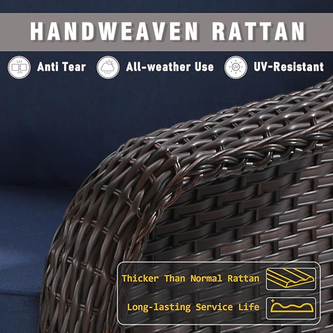4 Piece Patio Wicker Conversation Set, 2 All-Weather Use Outdoor Wicker Swivel Chairs with 2 PE Rattan Ottomans,Ideal for Porch, Backyard, Balcony, Poolside, Blue