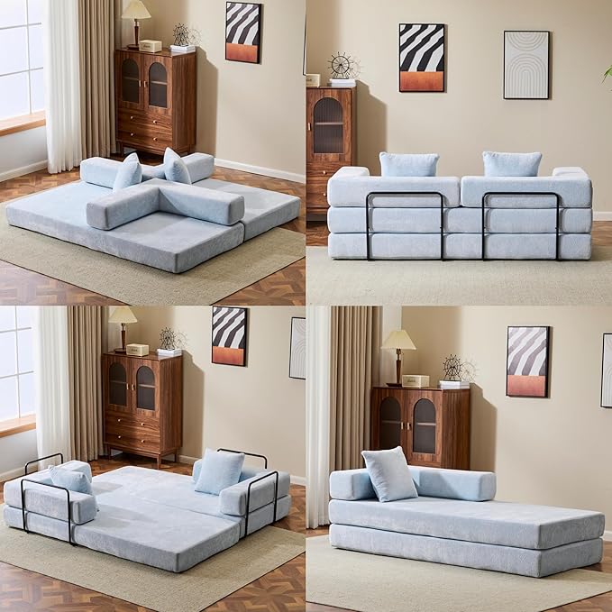 Convertible Floor Sofa Bed, Fold Out Floor Couch with Pillow Back & Armrest, Compressed Couch with Fixed-Shape Frame, Chenille Foldable Sleeper Sofa Bed for Living Room Bedroom, Light Blue