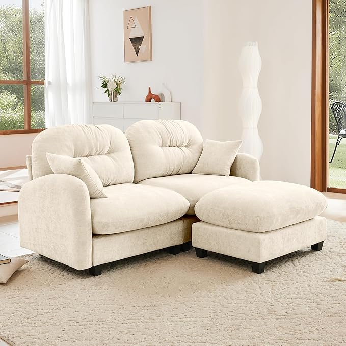 KEIKI 74" L-Shaped Oversized Chenille Modular Sectional Loveseat Sofa with 1 Ottoman, High-Density Foam Cushions, Tufted Pleated Cushion Backrest, 2-Seater Couch with 2 Pillow, for Living Room, Beige