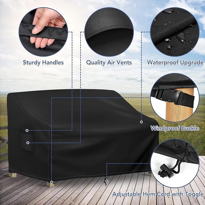 Richwon Patio Loveseat Cover Waterproof, 2-Seater Outdoor loveseat Cover, Patio Furniture Covers with Air Vent and Handles, 60W x 42D x 30H Inches, Black - Image 3