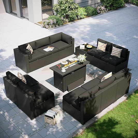 Aoxun Patio Furniture Set with Fire Pit Table, 12 Piece Outdoor Sectional Sofas, 10 Seats Wicker Rattan Outdoor Furniture with Thickened Cushion for Backyard, Garden Black