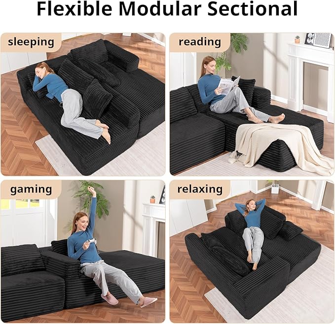 LUCKLIFE Modular Sectional Couch with L-Shape Chaise,Corduroy Upholstery Boneless Couches for Living Room,Oversized Sleeper Sofa,No Assembly Required (Black, L Shape with Right Facing Chaise)