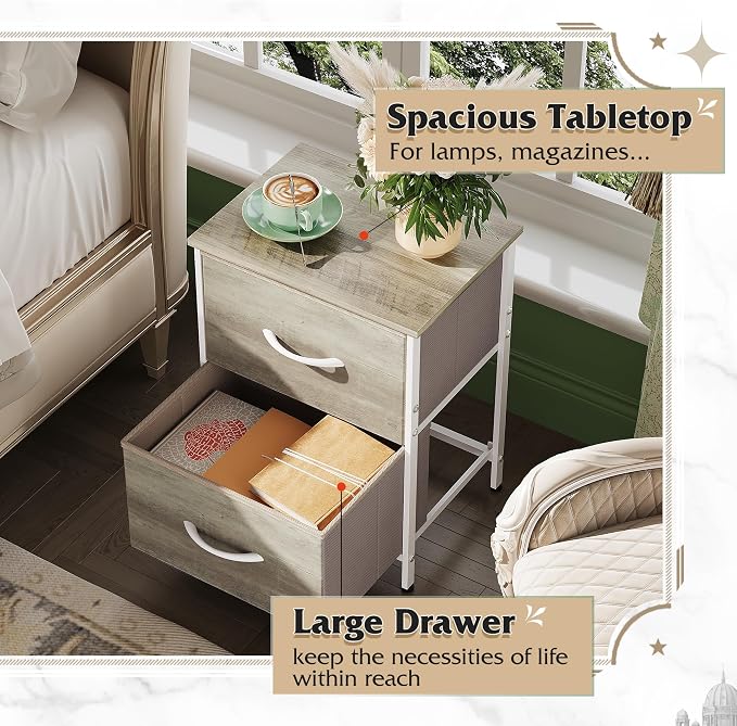 WLIVE Nightstand, 2 Drawer Dresser for Bedroom, Small Dresser with 2 Drawers, Bedside Furniture, Night Stand, End Table with Fabric Bins for Bedroom, Closet, College Dorm, Greige Oak - Image 4