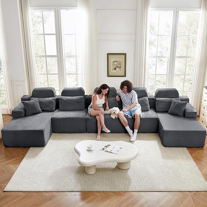 171" U-Shaped Cloud Modular Sectional Sofa with Chaise & Headrest, Boneless Deep Seat Plush Corduroy Couches for Large Living Room, No Assembly Required (Dark Gray, 171" U-shapred Chaise)