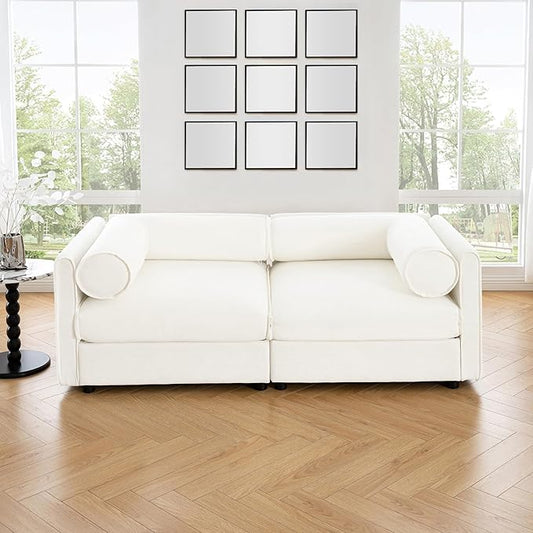 KEIKI 76" Oversized Modular Loveseat Chenille Sectional Sofa with Storage Seat, Modern Style 2-Seater Couch with Cylindrical Backrest and Armrests, Easy Assembly, for Apartment, Living Room, White