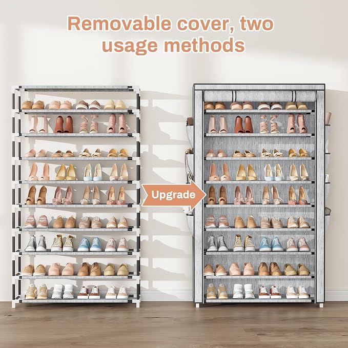 Shoe Rack with Cover, 10 Tier Shoe Organizer Storage for 40-50 Pairs Sneaker and Boots, Large Capacity, with 8 Pockets, Free Standing Tall Shoe Rack for Front Door Entrance, Closet, Printing - Image 5