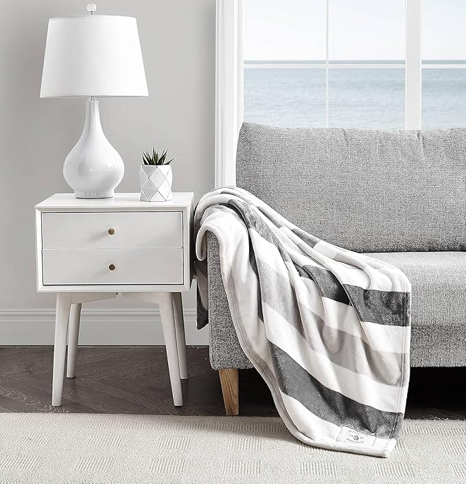 Nautica - Throw Blanket, Super Soft & Cozy Fleece Bedding, Dorm Room Essentials (Awning Stripe Grey, 50" x 60")