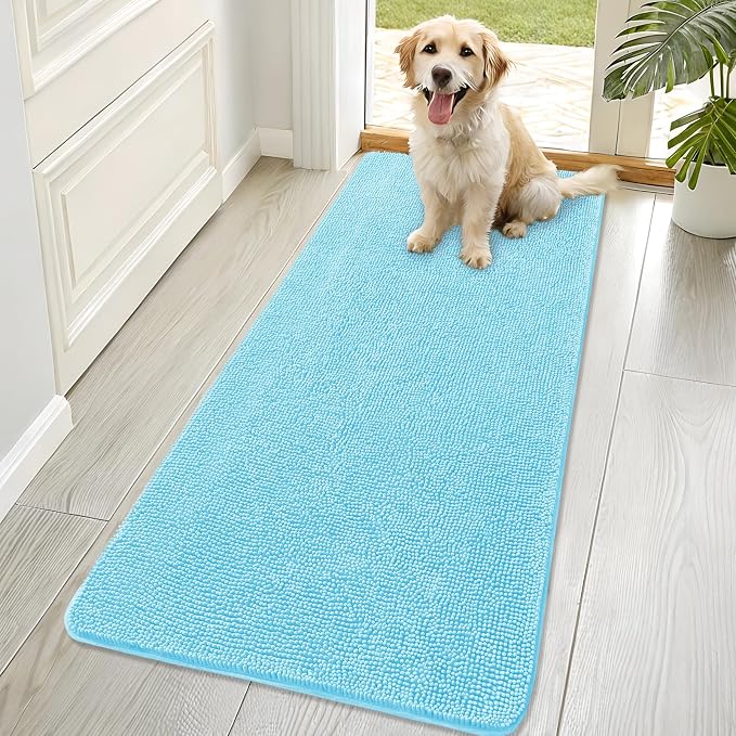 OLANLY Dog Door Mat for Muddy Paws 70x32, Absorbs Moisture and Dirt, Absorbent Non-Slip Washable Doormat, Quick Dry Chenille Mud Mat for Dogs, Entry Indoor Entryway Carpet for Inside Floor, Blue by OLANLY
