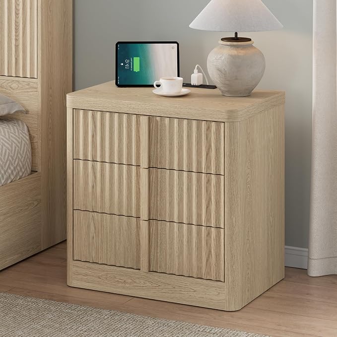 Fluted Night Stand with Charging Station, 23.6" Nightstand with Solid Wood Handle, 3 Drawer Dresser for Bedroom, Mid Century Modern Bedside table End Table for Bedroom, Living Room, Natural Oak by Harpaq