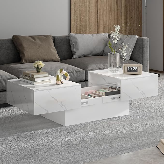 Marble Modern Coffee Table with Storage for Living Room, Living Room Table Rectangular Center Tables, Sliding Top with Hidden Storage, Wooden Cocktail Table for Dining Reception Room