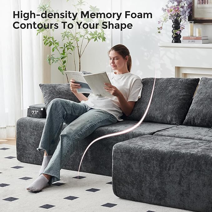 Boneless Couch, L Shaped Cloud Sectional Couches for Living Room, Comfy Fluffy Modular Sectional Sofa, Deep Seat Memory Foam Lounger with Left Facing Chaise, Free Combination, Grey