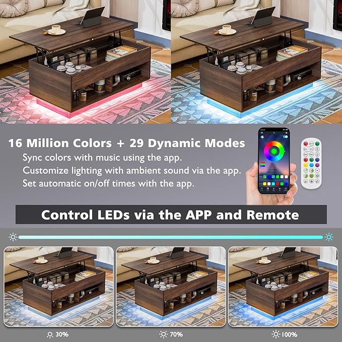 HOMMPA Lift Top Coffee Table with LED Light, Modern Center Table for Living Room, 3 Tiers Tea Table with Storage,Small Apartment Furniture with Hidden Compartment & 2 Open Shelves, Walnut