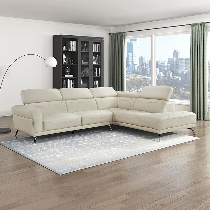 Lexicon L-Shaped Sectional Couch with Right Chaise, Top Grain Leather Match Sectional Sofa, Adjustable Headrests, Black Chrome Metal Legs, High-Density Cushions, Stitching, for Living Room, Beige
