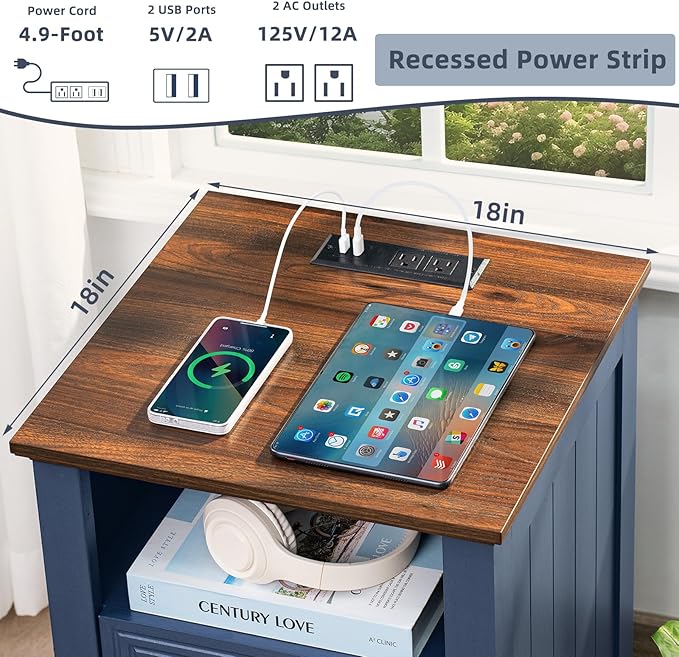 Joaxswe 18" Farmhouse Night Stands Set of 2 with Charging Station, 2 Drawers End Table Dresser for Bedroom, Blue Wooden Nightstand, Bed Side Table with Open Shelf, Bedside Cabinet for Living Room - Image 3