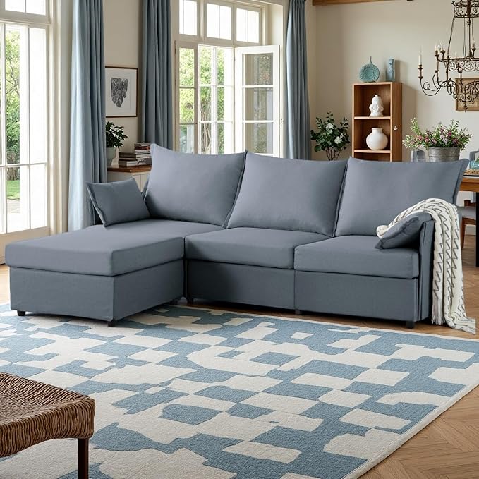 93.7” Sectional Sofa with Movable Ottoman, 3 Seaters L Shaped Couch Modular Sofa Bed with 2 Armrest Pillows, Small Sectional Couch for Living Room Bedroom Small Space Furniture, Gray