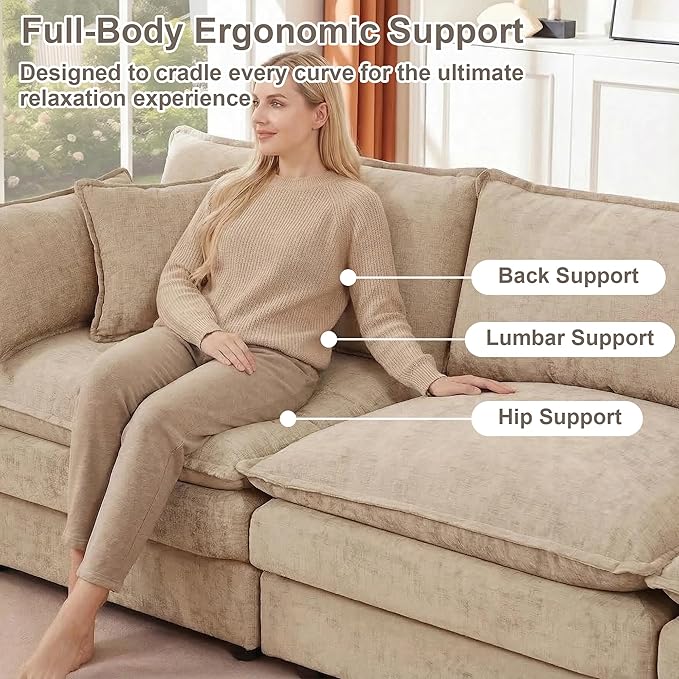 102" Cloud Couch Sectional, Modular Sectional Sofa with Chaise & 4 Removable Washable Pillows, Oversized L-Shaped Couch for Living Room, Modern 3-Seat Cloud Sofa Sectional with Deep Seat, Coffee