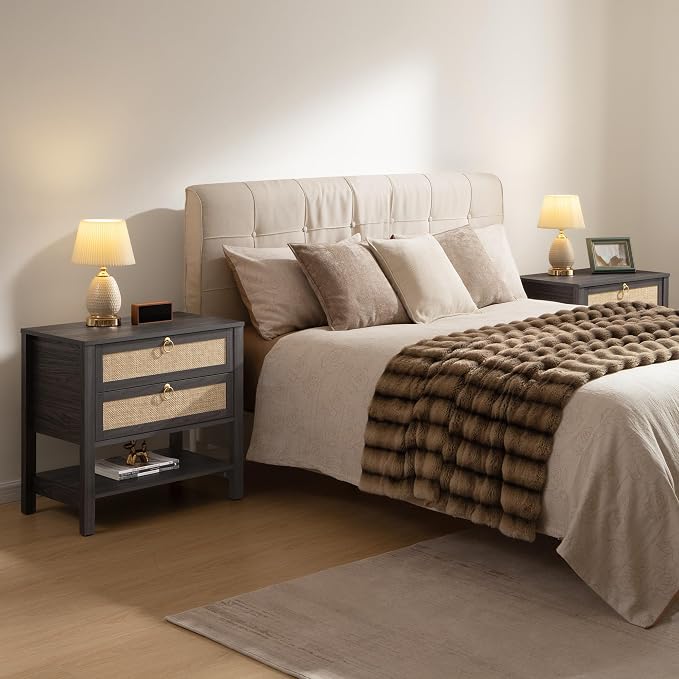 SICOTAS Night Stand with Drawers and Storage Shelf - Large Nightstands Rattan Decor Boho Bedside Table Narrow Side Table for Bedroom, Small Space - Image 3