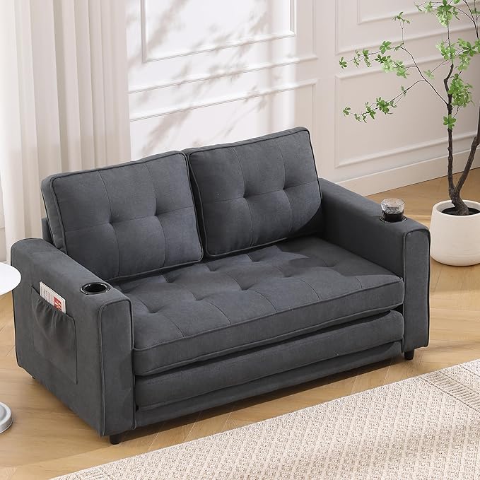 ERYE Foldable Loveseat Sofa Convertible Pull Out Sleeper Sofabed,2 Seat Tufted Upholstered Sofa Modern Convertible Sleeper Couch Bed with Cupholders and Side Pockets