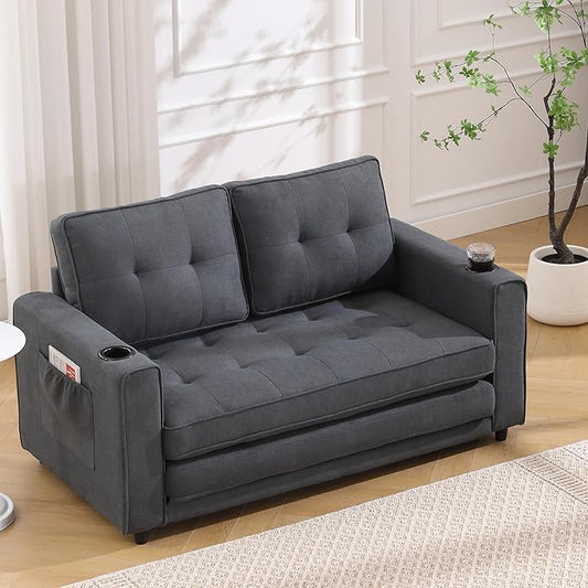 ERYE Foldable Loveseat Sofa Convertible Pull Out Sleeper Sofabed,2 Seat Tufted Upholstered Sofa Modern Convertible Sleeper Couch Bed with Cupholders and Side Pockets