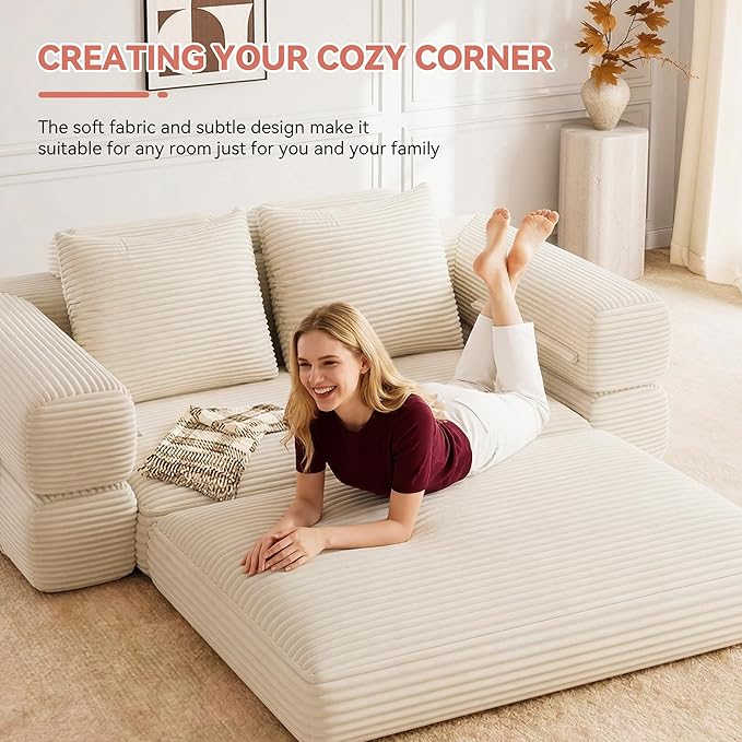 4-in-1 Convertible Folding Sofa Bed, 76 Inch Queen Size Foldable Sleeper Sofa Bed, Wide Corduroy Upholstery, Boneless Mattress Couch with Armrests & Neck Pillow for Living/Bedroom - Beige