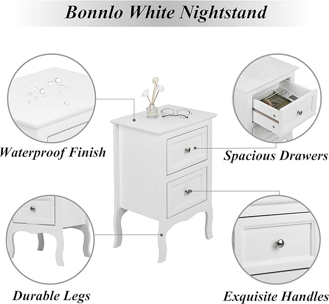 Bonnlo White Nightstand Set of 2, Nightstands with 2 Drawers, Bed Side Table/Night Stand, Small Nightstand for Bedroom, Small Spaces, College Dorm, Kids’ Room, Living Room, Wood, 16W x 12D x 24H - Image 4