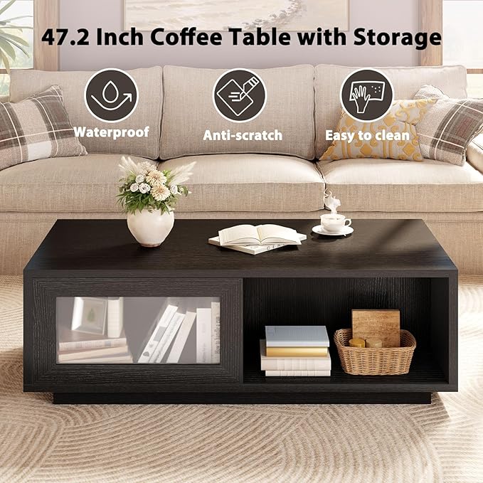 HSH Black Coffee Table, Modern Low Coffee Table for Living Room, Rectangle Coffee Tables with Sliding Door, Large Wood Center Tables with Storage Open Shelf, 47 Inch