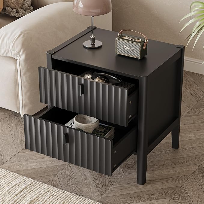 MAISONARIA 3-Piece Dresser Bedroom Set, 6 Drawer Dresser & 2 Drawer Nightstands with Metal Handles, Fluted Wood Chest of Drawers for Bedroom, Living Room, Entryway, Black