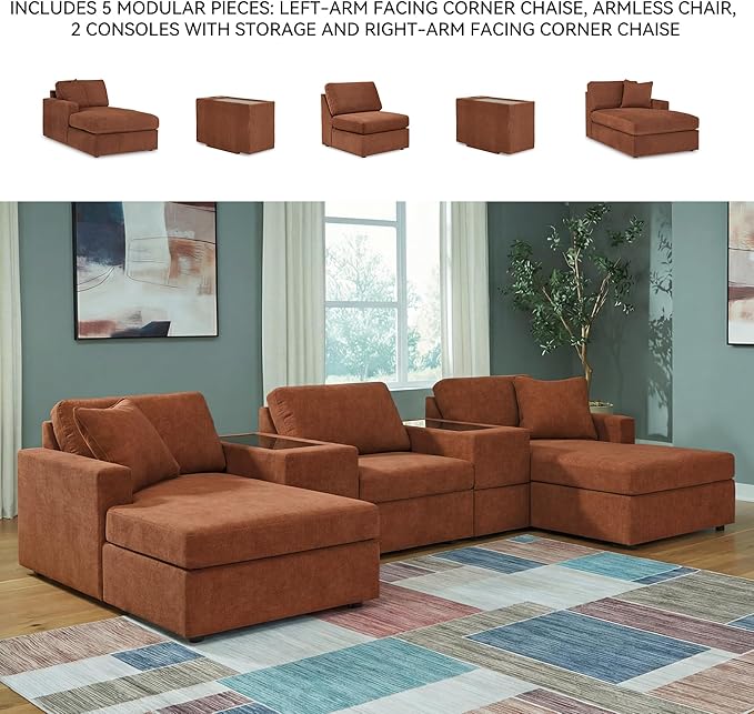 Signature Design by Ashley Contemporary Modmax Stain Resistant U-Shape Symmetrical 5-Piece Pit Sectional with Storage Consoles and Reversible Cushion, Orange