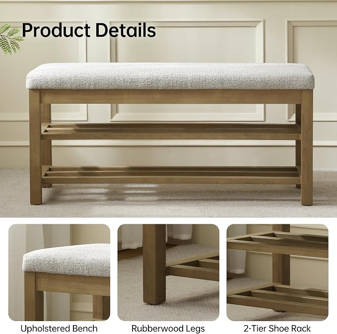VKNOW Entryway Bench, 44.3” Upholstered Shoe Storage Bench for Bedroom, 2-Tier Storage End of Bed Bench with Rubberwood Legs for Living Room, Hallway, Beige - Image 4