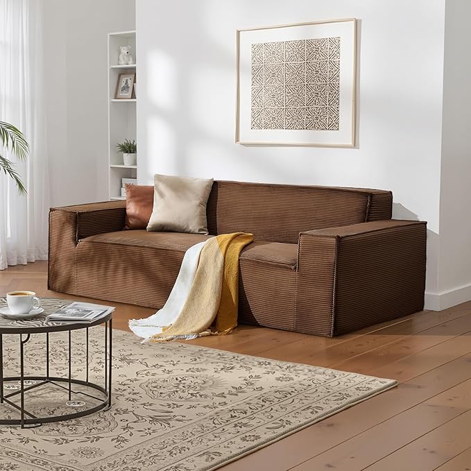 VEVOR 3-Seater Sofa in a Box, 83-Inch No Assembly Corduroy Couch with Memory Foam, Deep Seats for Living Room, Apartment, or Office, Brown