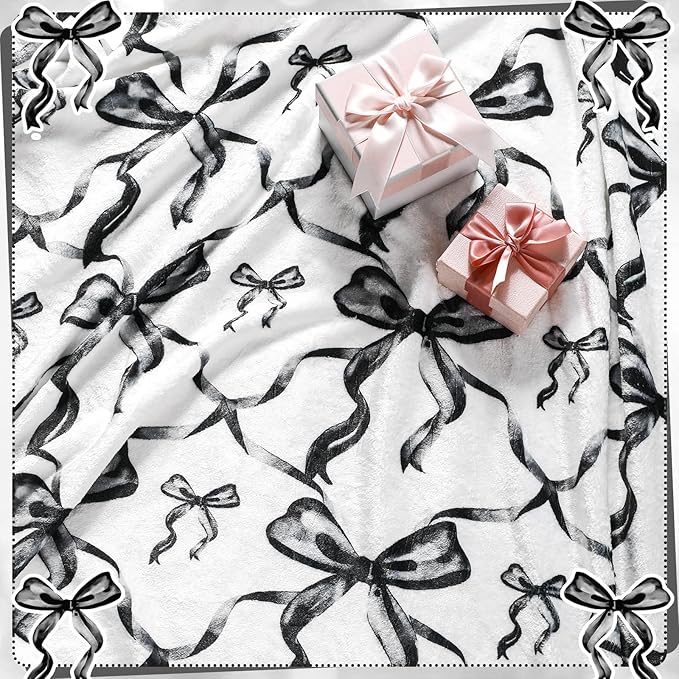 Buryeah Black Bow Throw Blanket Valentine's Day Galentines Day Gifts Preppy Blanket Coquette 50 X60 Flannel Soft Cute Bow Lightweight Aesthetic Room Decor for Women Friends for Sofa Couch Travel Bed