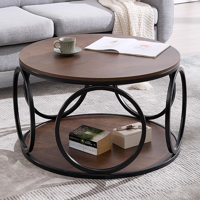 BECHAEO 31.5" Round Coffee Table with Storage - 2 Tier Vintage Coffee Table for Living Room, Industrial Design Wood Top & Metal Legs, Modern Accent Cocktail Tables for Home Office