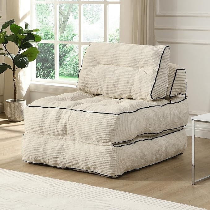 Ball & Cast Folding Sofa Bed,Convertible Sleeper Chair with Pillow & Back Support,Foldable Mattress with Back Support,Portable Futon Sofa Bed for Living Room Bedroom,Beige