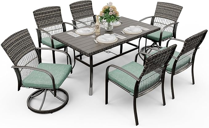 Pamapic 7 Piece Patio Dining Set for 6,Wicker Outdoor Furniture Set for Backyard Garden Deck Poolside with Iron Slats Table Top (Green, 7 PCS Swivel Chair & Fixed Chair) by Pamapic