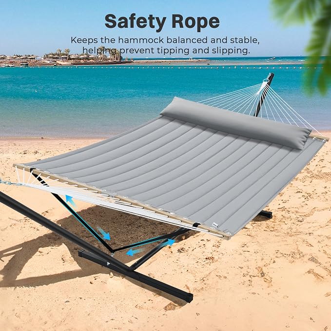 SUPERJARE Hammock with Stand, 2 Person Quilted Outdoor Hammock, Detachable Pillow & Bamboo Spreaders, Portable Hammock with Carrying Bag, Heavy Duty Stand, Perfect for Outside, Patio, Gray - Image 5