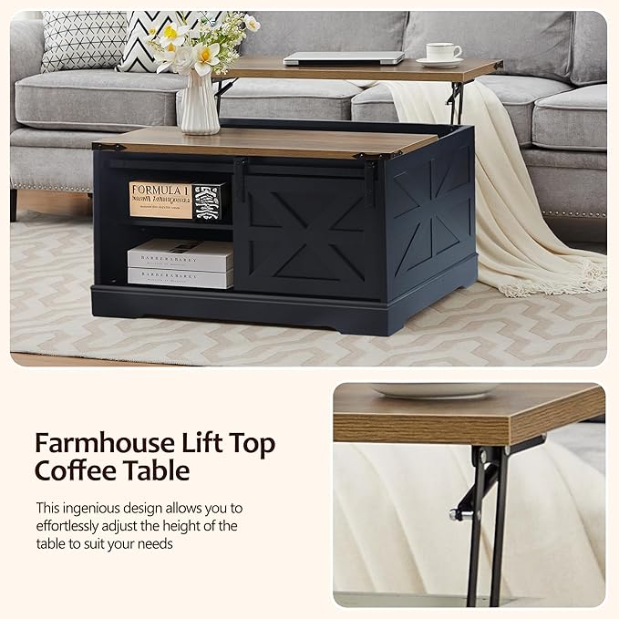 Farmhouse Lift Top Coffee Table, Wood Square Coffee Table with Sliding Barn Door and Adjustable Shelf Rustic Center Table with Hidden Storage Compartment for Living Room, Black