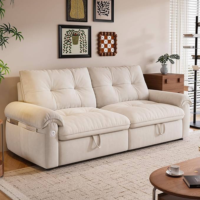 KEIKI 77" Modular Sectional Sofa with Pull-Out Bed, Convertible Sleeper Sofa Bed, 3-Seater Sleeper Sofa Couch for Living Rooms, Bedroom, Apartment, Beige