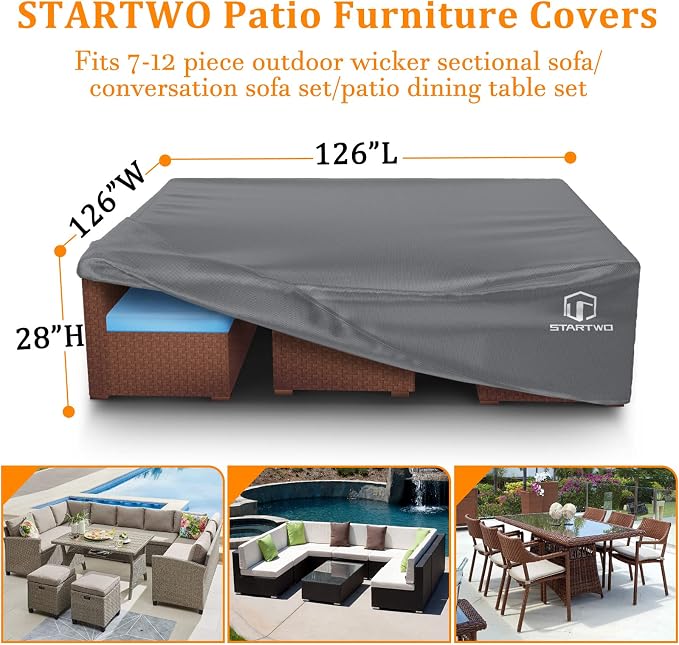 STARTWO Patio Furniture Covers Waterproof Outdoor Lawn Furniture Set Cover for 7-12 Piece Sectional Sofa, Conversation Set Garden Dining Tables Chairs,Grey - Image 2