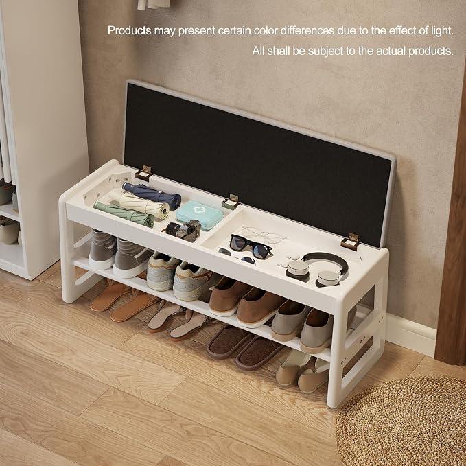 AQIMUELE Shoe Rack Bench,2 Tiers Shoe Bench with Storage with Flip-Top,Wood Shoe Rack for Entryway,Hallway（White Upholstered Seat,11.8" D x 39.3" W x 15.7" H） - Image 4