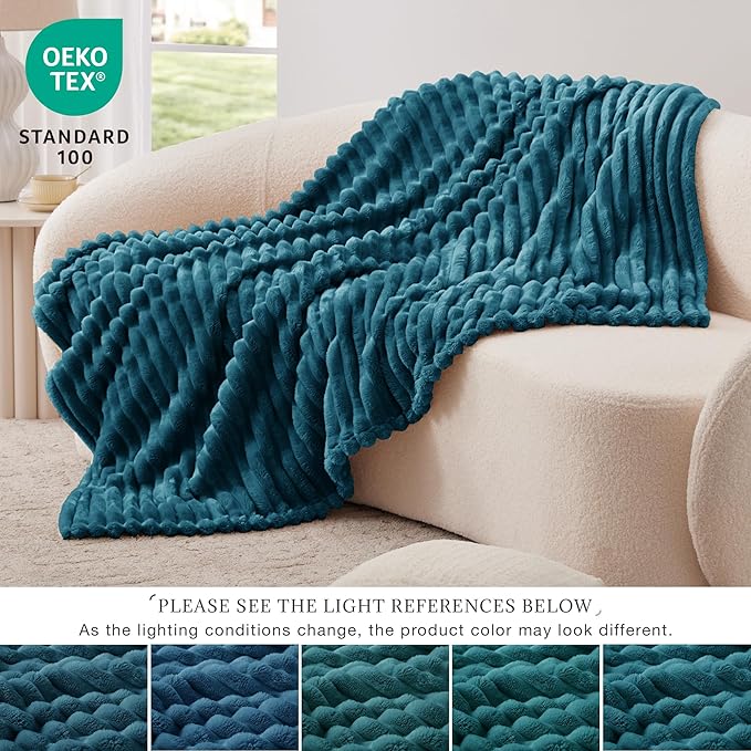 EXQ Home Fleece Throw Blanket for Couch or Bed - 3D Stripe Jacquard Decorative Blankets - Cozy Soft Lightweight Fuzzy Flannel Blanket Suitable for All Seasons(50"??60",Teal)