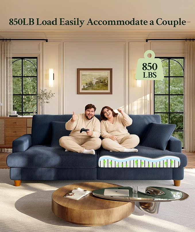 87.2" Couches for Living Room, Comfy Blue Couch 7.5" Extra Thick Cushion, Sofas for Living Room Tool-Free Setup, Loveseat Sofa 848lbs Support, Corduroy Couch for Bedroom, Apartment, Office