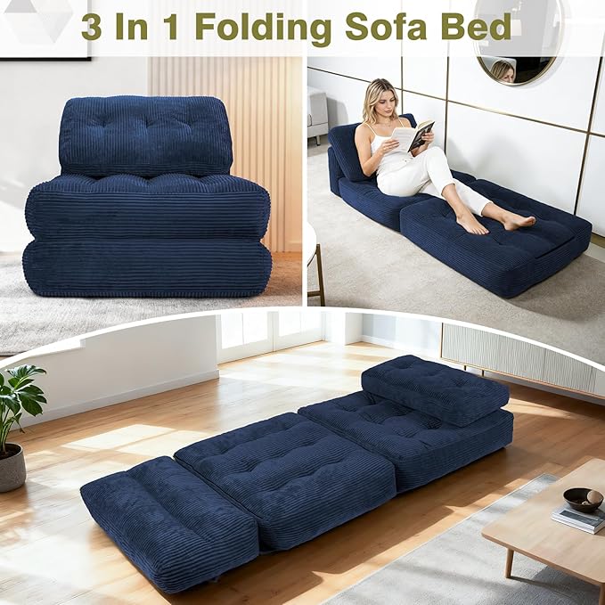 Art3d Folding Sofa Bed, Convertible Sleeper Sofa Bed with Pilow & Back Support, 3 in 1 Long Futon Boneless Couch, Comfy Floor Couch for Living Room, Bedroom, Navy Blue