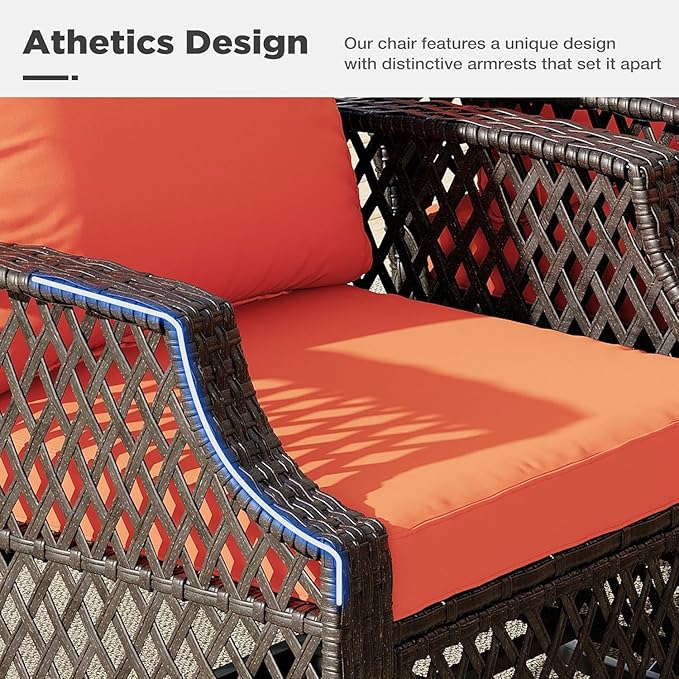 HOMREST 3 Piece Outdoor Swivel Chair Set, Wicker Patio Bistro Set with Thickened 25D Cushions and Glass Coffee Table, Patio Furniture Conversation Set for Deck, Yard, Garden, Poolside(Orange)