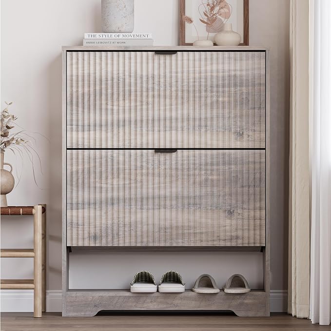BORNOON Shoe Cabinet with 2 Flip Drawers, Fluted Shoe Storage Cabinet with Adjustable Shelves, Freestanding Rack and Organizer for Entryway, Closet, Hallway - Image 6