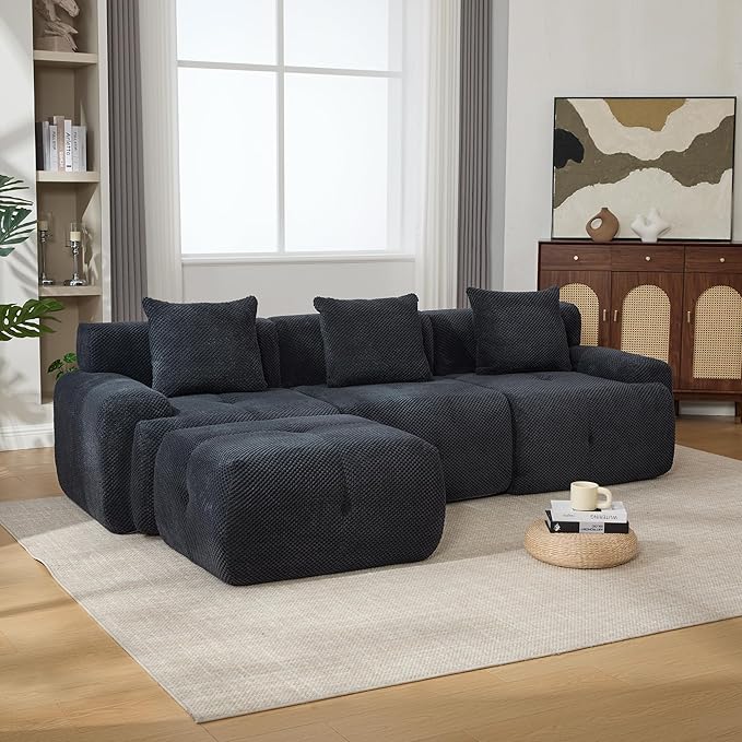 104" L-Shaped Compressed Sectional Cloud Sofa, Flannel Upholstered Modular Tufted Sofa with 4 Pieces, Modern Floor Boneless Foam Modular Cloud Couches for Living Room