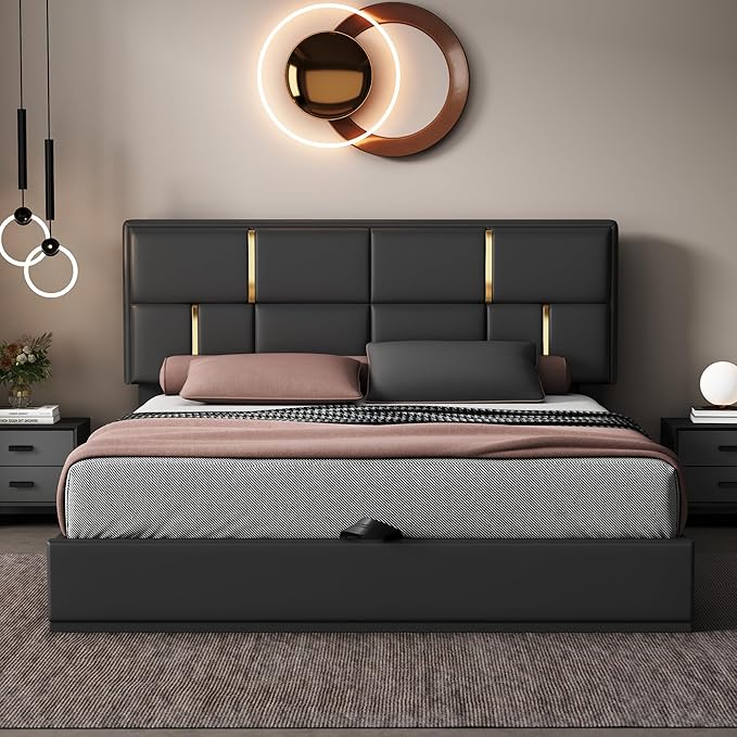 Queen Size Lift Up Storage Bed, PU Leather Upholstered Platform Bed with Hydraulic Storage System and Wooden Slats Support, No Box Spring Needed - Black