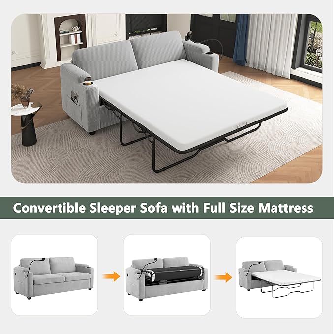 Merax 72.8" Corduroy Sleeper Sofa Bed with Full Size Mattress, Futon Couches with USB Ports | Phone & Cup Holders| Side Pockets,Pull Out Couch for Living Room, Small Loveseat, Grey
